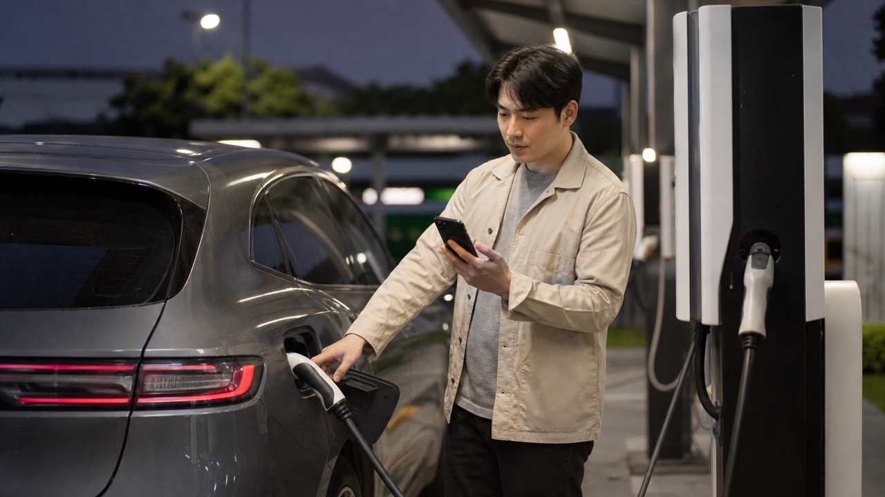 車主在公共充電站查看充到一半停止的工作階段