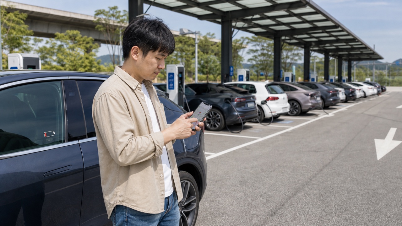 充電站全滿時車主在安全停車後查看替代站點