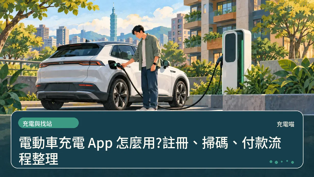 電動車充電 App 怎麼用?註冊、掃碼、付款流程整理主題插畫