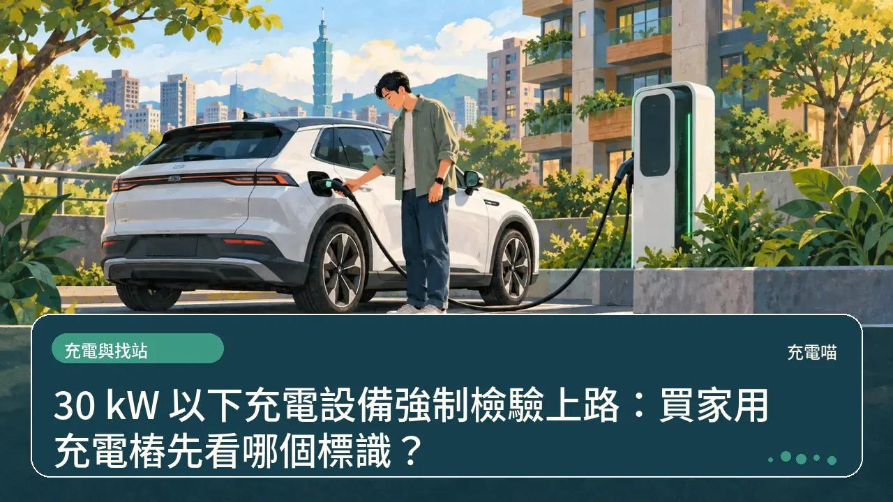 30 kW 以下充電設備強制檢驗上路:買家用充電樁先看哪個標識?主題插畫