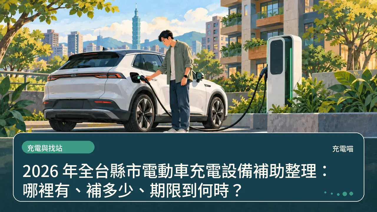 2026 年全台縣市電動車充電設備補助整理：哪裡有、補多少、期限到何時？主題插畫