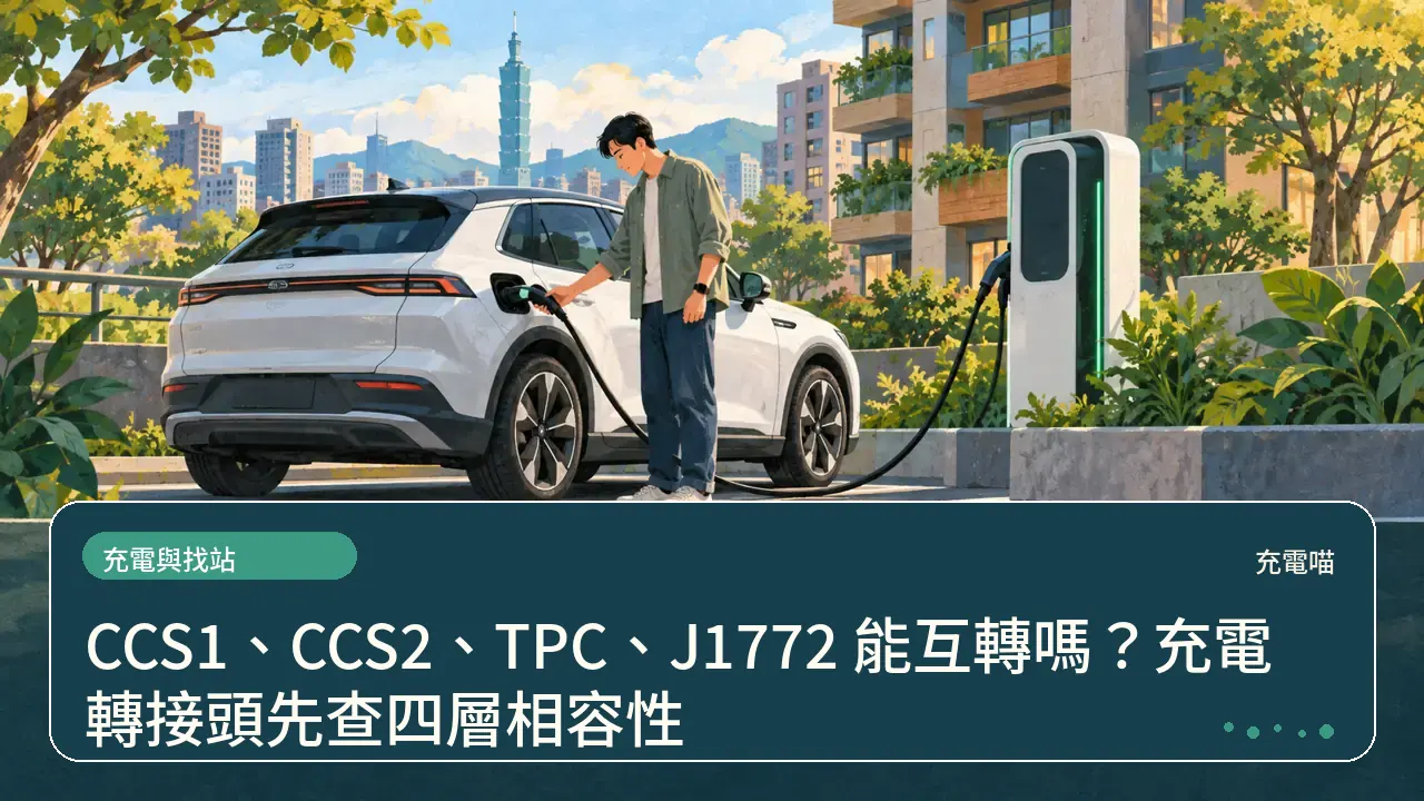 CCS1、CCS2、TPC、J1772 能互轉嗎?充電轉接頭先查四層相容性主題插畫