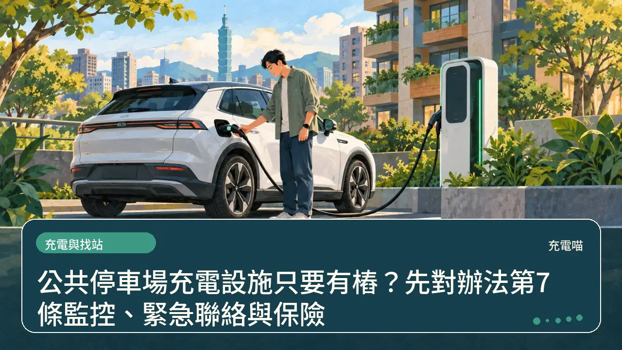 公共停車場充電設施只要有樁？先對辦法第7條監控、緊急聯絡與保險主題插畫