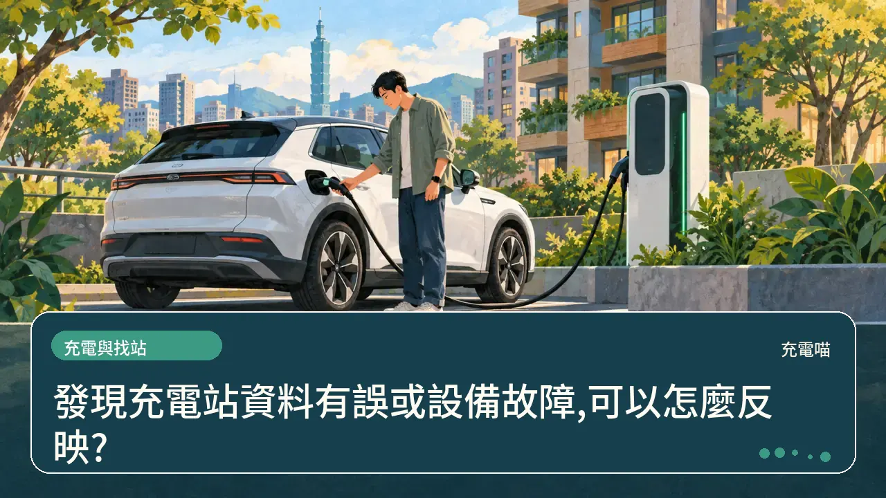 發現充電站資料有誤或設備故障,可以怎麼反映?主題插畫