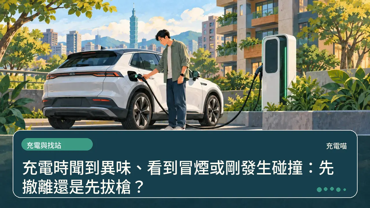 充電時聞到異味、看到冒煙或剛發生碰撞：先撤離還是先拔槍？主題插畫