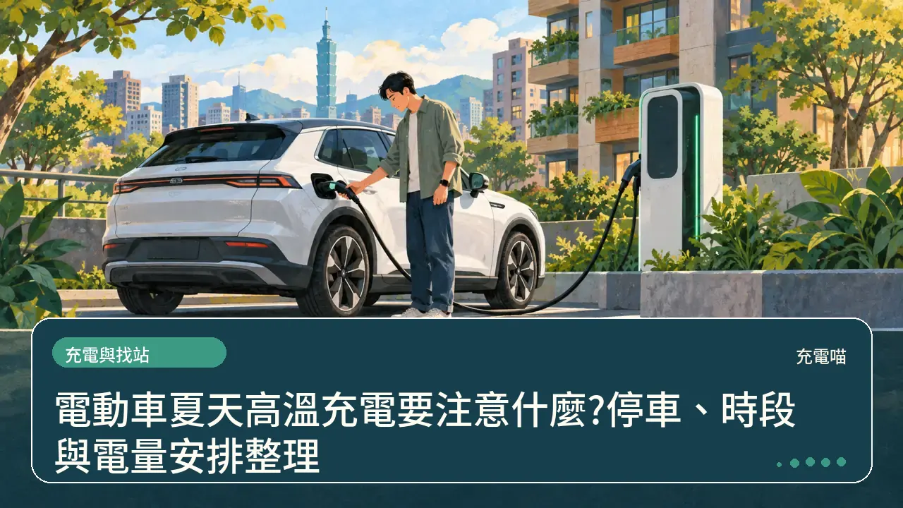 電動車夏天高溫充電要注意什麼?停車、時段與電量安排整理主題插畫