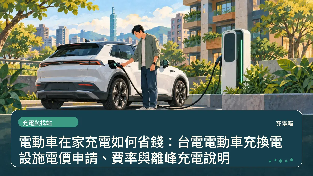 電動車在家充電如何省錢：台電電動車充換電設施電價申請、費率與離峰充電說明主題插畫