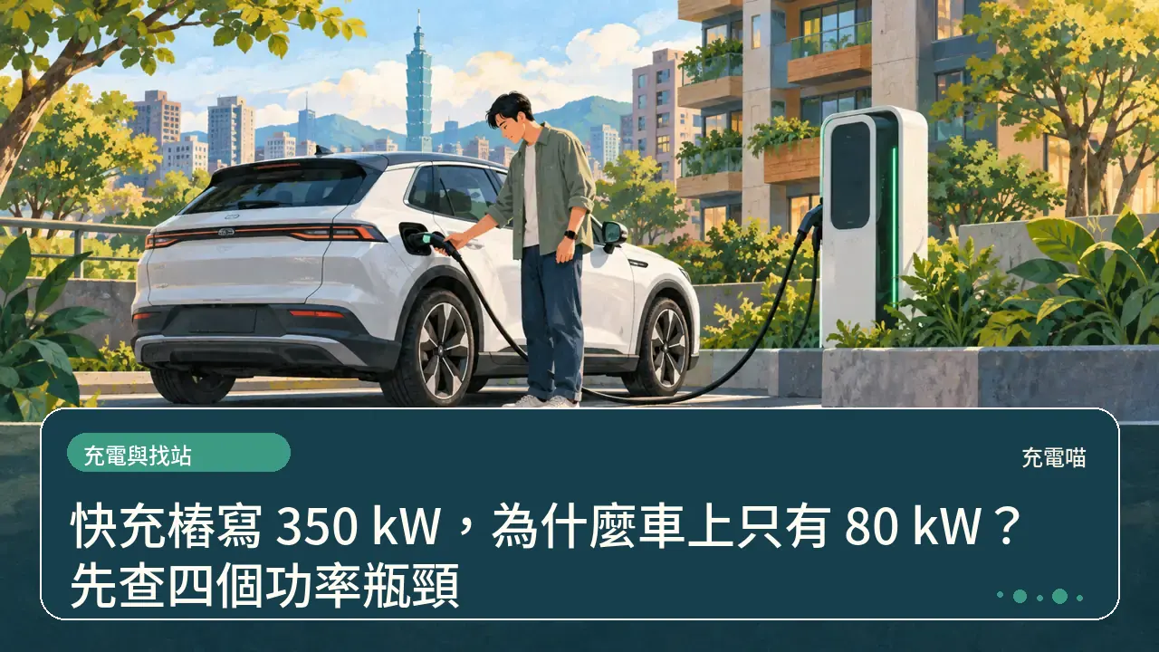 快充樁寫 350 kW,為什麼車上只有 80 kW?先查四個功率瓶頸主題插畫