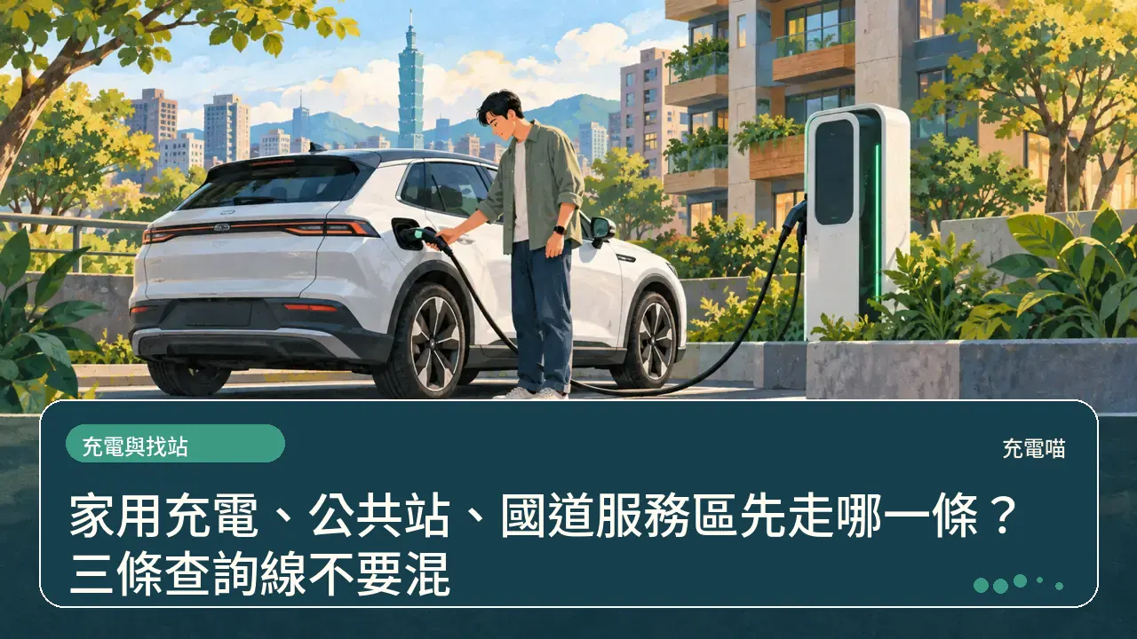 家用充電、公共站、國道服務區先走哪一條？三條查詢線不要混主題插畫