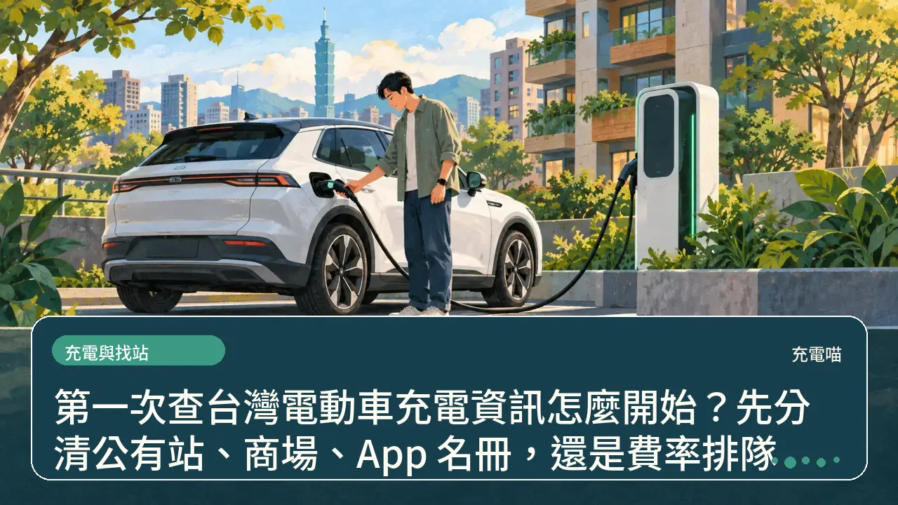 第一次查台灣電動車充電資訊怎麼開始？先分清公有站、商場、App 名冊，還是費率排隊主題插畫