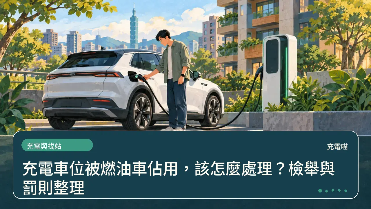 充電車位被燃油車佔用,該怎麼處理?檢舉與罰則整理主題插畫