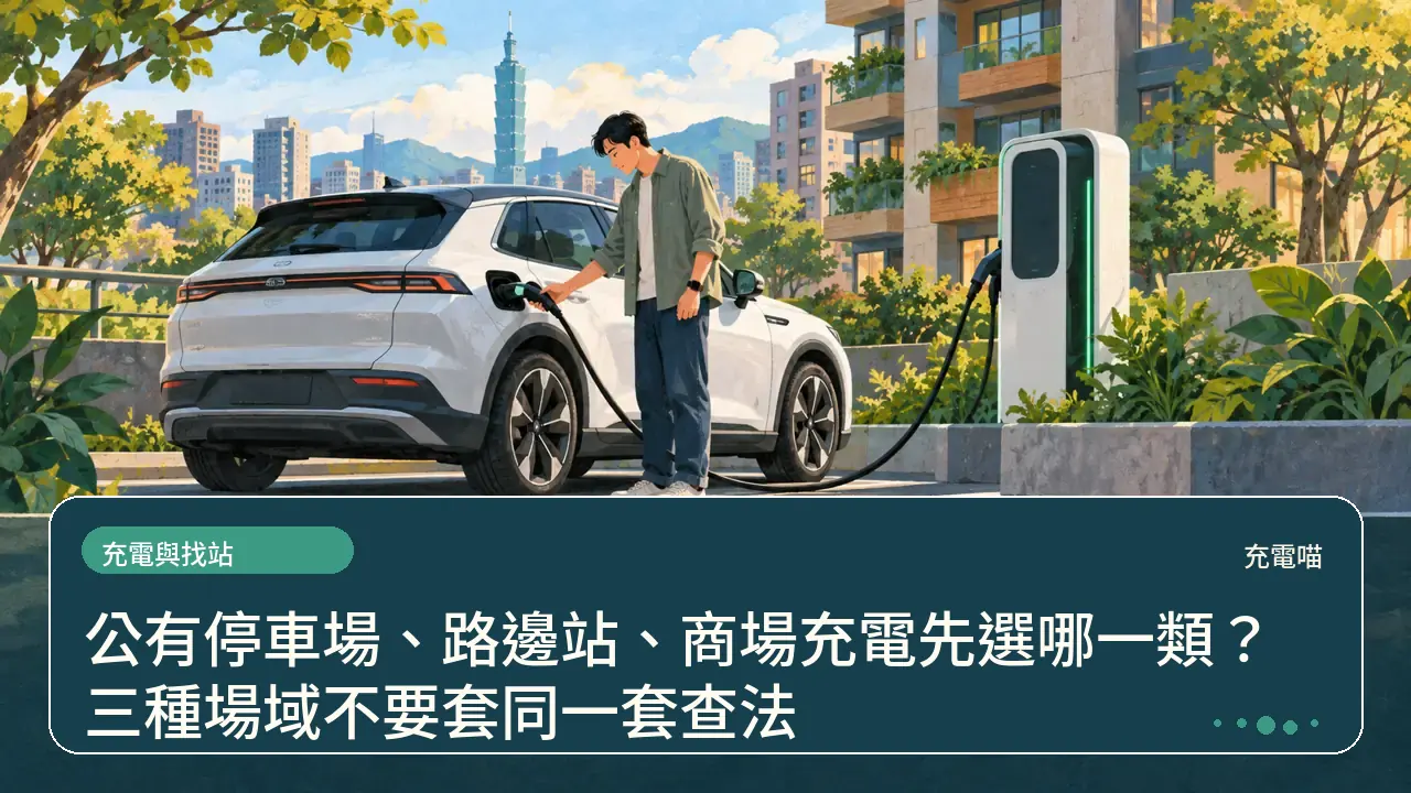 公有停車場、路邊站、商場充電先選哪一類？三種場域不要套同一套查法主題插畫