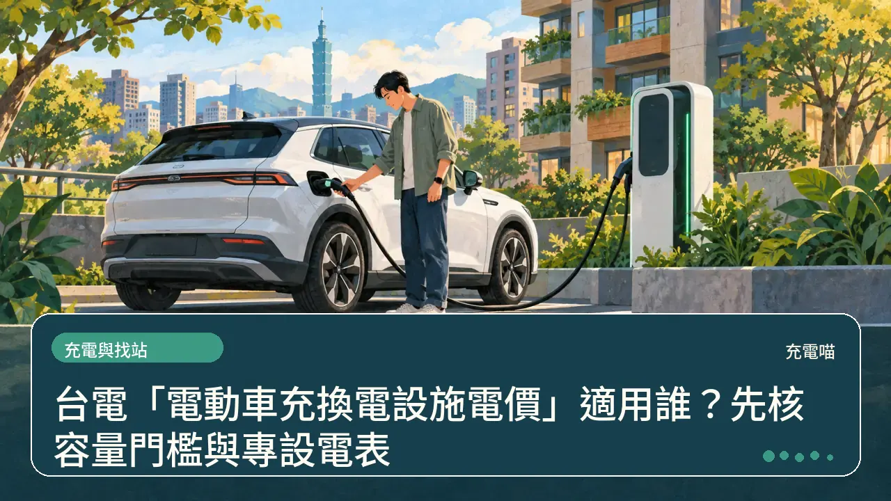 台電「電動車充換電設施電價」適用誰?先核容量門檻與專設電表主題插畫
