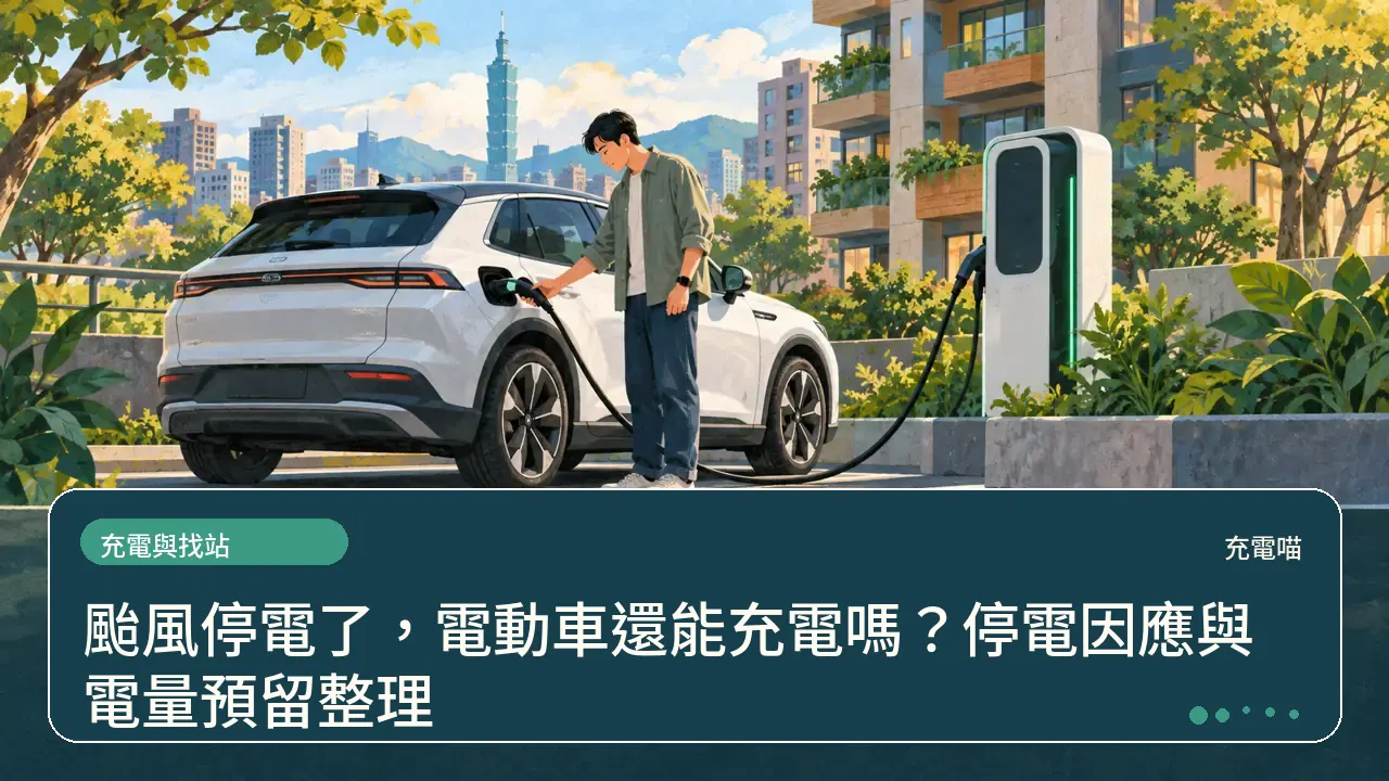 颱風停電了,電動車還能充電嗎?停電因應與電量預留整理主題插畫
